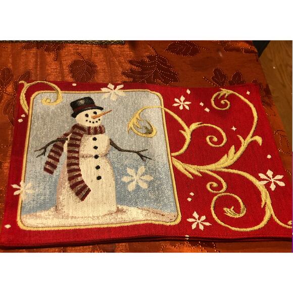 NWOT Set of 2 Reversible Tapestry Christmas Placemats Snowman Wreath Vintage - Picture 3 of 11